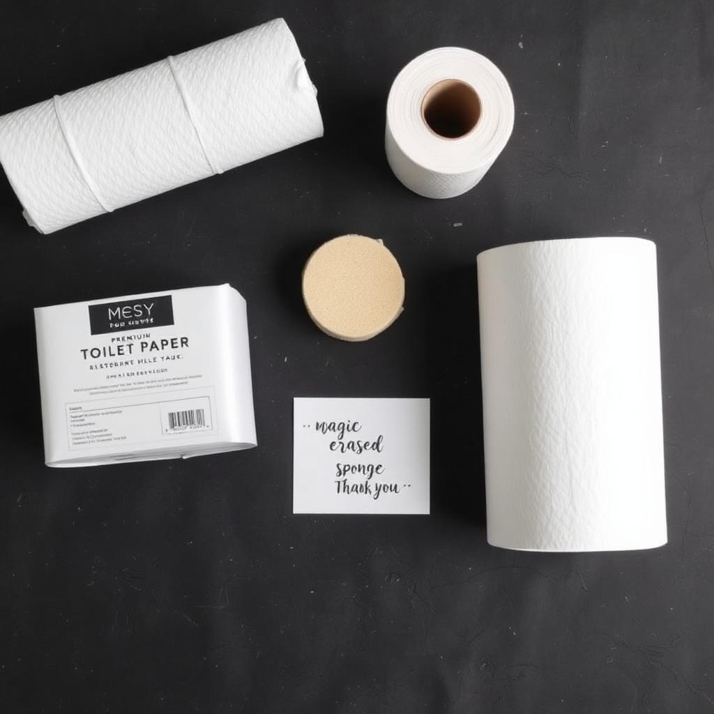 Flat lay of Clean Moves top-bin kit: paper towels, toilet paper, magic eraser, and thank-you card